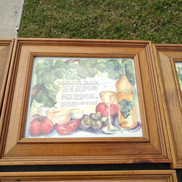 SET OF FIVE WATERCOLOR WINE PRINTS IN STEPPED PINE WOOD FRAMES WITH GLASS - Picture 10 of 16